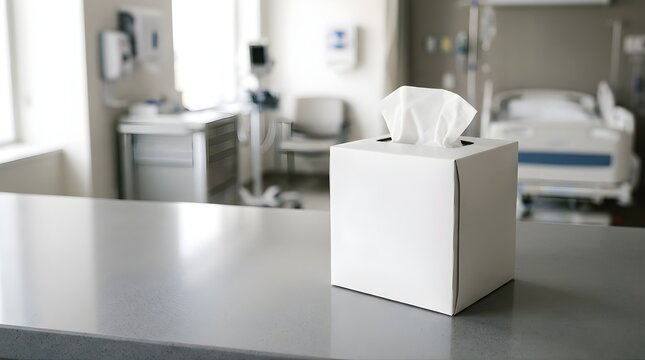 White tissue box on a hospital room table with blurred medical background
