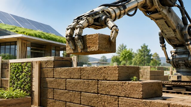Robotic arm carefully places an eco-friendly earth brick on a sustainable building, blending advanced technology with natural materials for modern construction practices.