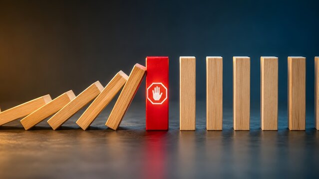 Strategic intervention block with a stop symbol effectively halts falling wooden dominoes, symbolizing crisis prevention and successful risk management in business challenges.