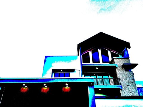 Abstract graphic illustration of a modern luxury house exterior. Featuring high contrast blue posterized effect, balcony, and outdoor lights against a clean white sky backdrop for creative design.