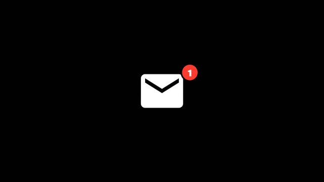 Isolated email envelope notification animation with red badge on solid black background motion graphics overlay