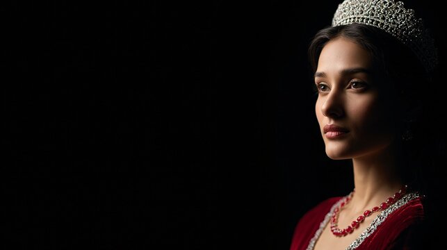 Portrait of a regal ancient indian queen adorned with a stunning diamond crown and exquisite jewelry showcasing her royal heritage