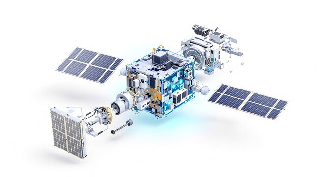 16:9 exploded isometric 3D render of a modular CubeSat satellite architecture on solid white background