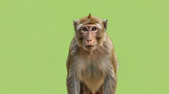 A detailed portrait of a curious macaque monkey against a green backdrop
