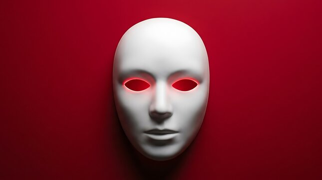 A mysterious white mask with glowing red eyes on a dark red background for a happy halloween celebration