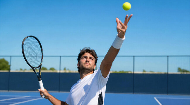 Male Tennis Player Tossing Ball for Serve on Outdoor Court