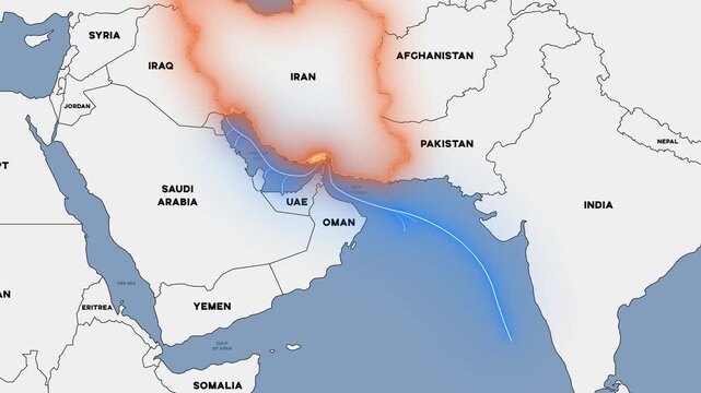 4K video of a Middle East map showing the Strait of Hormuz crisis. Trade and oil routes are initially displayed as blue lines, then change to red after the crisis begins, illustrating Iran's closure o