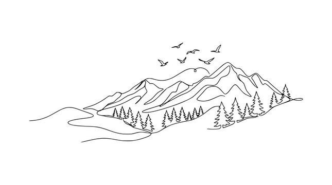 Continuous one line drawing of mountain range landscape with pine forest and flying birds