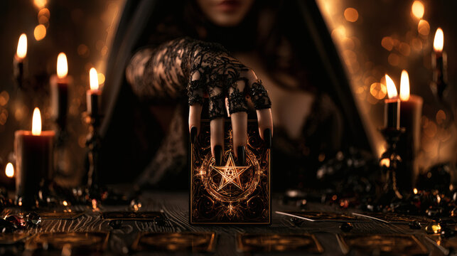Witch Hand Placing Glowing Tarot Card with Pentagram