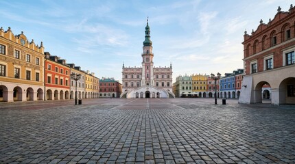 Fototapeta premium Historic Town Square with Renaissance Architecture and Cobblestone Pavement.