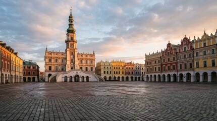 Fototapeta premium Historic Town Square with Renaissance Architecture at Sunrise.