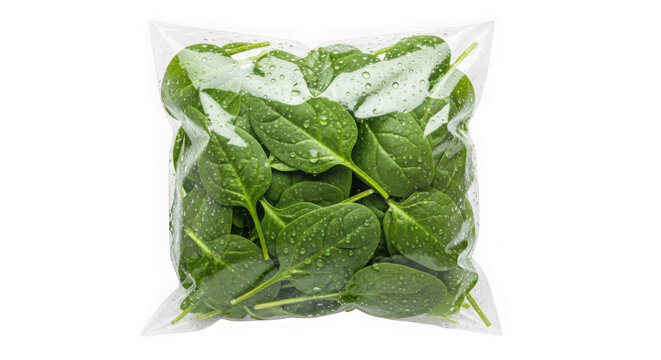 Fresh green spinach leaves in plastic packaging. Organic leafy vegetables ready for cooking or meal prep.