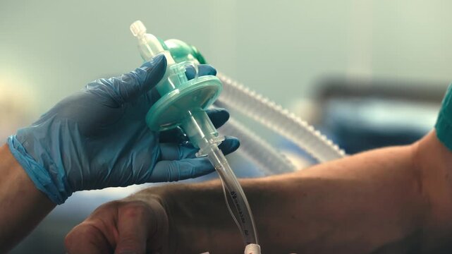 Close-up of breathing circuit tubing used during anesthesia. Concept airway management, respiratory support and patient safety.