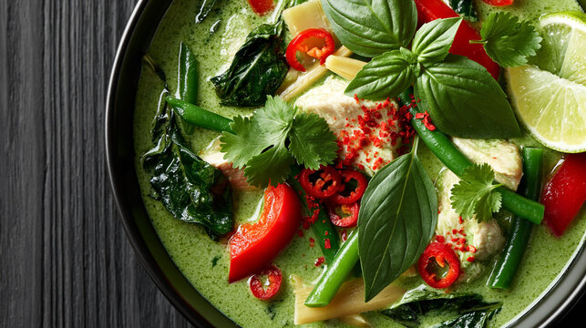 Thai green curry with chicken, green beans, red pepper, bamboo shoots, basil, cilantro, chili and lime in a black bowl