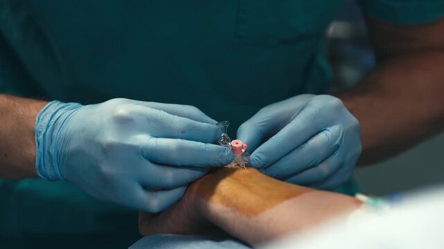 Close-up of IV cannula placement in a patient&rsquo;s hand before a surgical procedure. Concept vascular access, infusion therapy and modern healthcare.