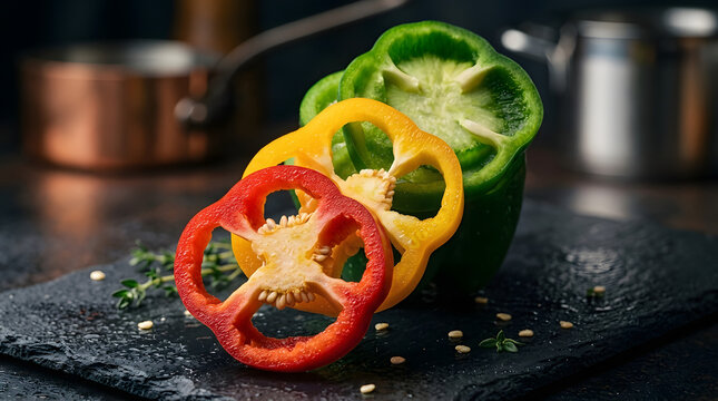 Fresh colorful bell pepper rings on dark slate in moody kitchen