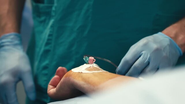 Healthcare professional inserting an IV catheter into a patient&rsquo;s hand before surgery. Concept intravenous therapy, surgical preparation and patient safety.