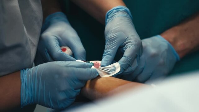 Close-up of a peripheral IV catheter being inserted into a patient&rsquo;s hand before surgery. Concept intravenous access, anesthesia preparation and patient care.