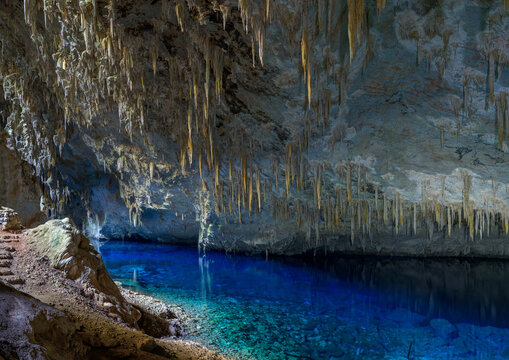Stalactites Above the Blue Lake in Gruta do Lago Azul, Bonito, Brazil