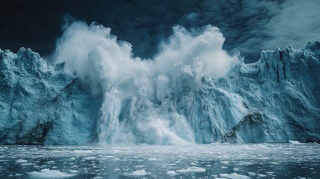 Dramatic glacier calving into ocean with crashing ice and turbulent waves under stormy sky showcasing nature's raw power and environmental change, elegantly showcasing landscape.