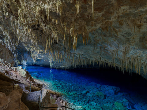 Stone Trail Descending Into Gruta do Lago Azul and Its Brilliant Blue Lake