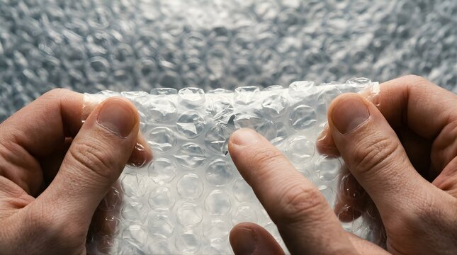 Close up of human hands popping plastic bubble wrap for stress relief