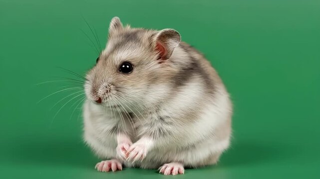 A fluffy dwarf hamster sitting upright against a vibrant green background