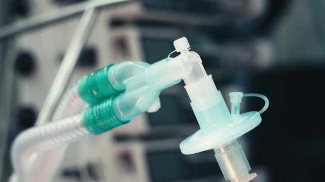 Close-up of an anesthesia breathing circuit in a modern operating room. Concept respiratory support, ventilation and patient care.
