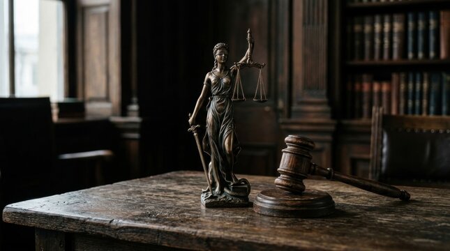 Justice Statue and Gavel on a Wooden Desk in a Law Office.