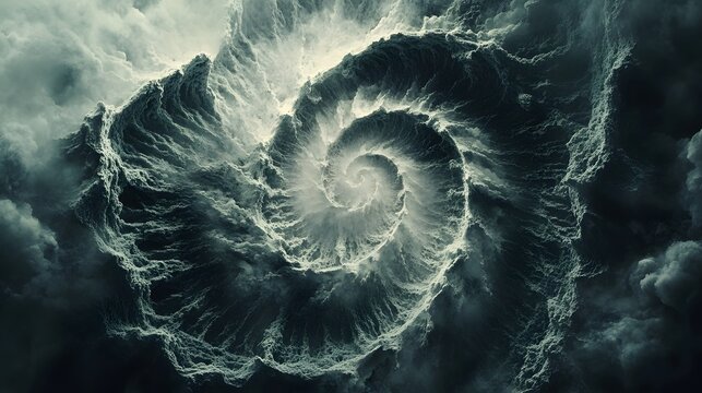 Dramatic close-up of swirling storm clouds forming a powerful spiral vortex against dark sky symbolizing energy and chaos. Ideal for environmental, weather, or power generation themes.