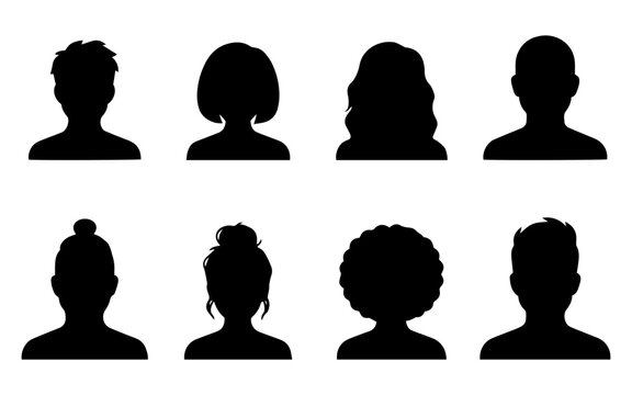 Set of diverse human head silhouettes representing various hairstyles and gender neutral profile avatar icons