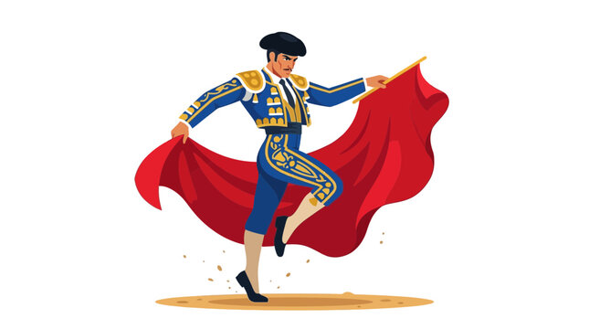 Dynamic Spanish Matador in Traditional Blue Suit with Red Cape Performing