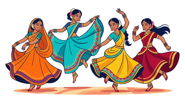 Four vibrant Indian women in traditional attire performing a graceful dance
