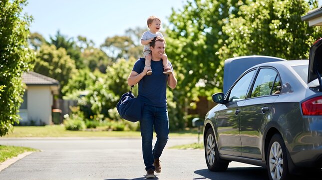 Father carrying toddler son on shoulders by car during a summer road trip