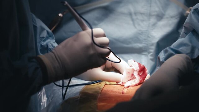 Close-up of gloved hands performing delicate surgical work. Concept precision surgery, sterile environment and patient care.