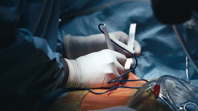 Surgeons working with precision instruments during a surgical procedure. Concept surgical teamwork, sterile care and advanced medical technology.