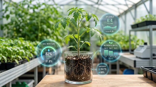 Smart farming technology monitoring plant growth with digital soil sensors, greenhouse agriculture innovation, sustainable organic gardening, futuristic agribusiness data analysis