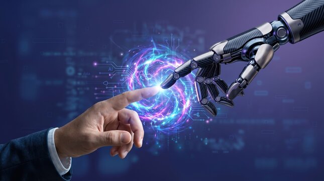 Human hand touching robotic finger with glowing energy spark, artificial intelligence connection, cyborg evolution, future technology interaction between man and machine