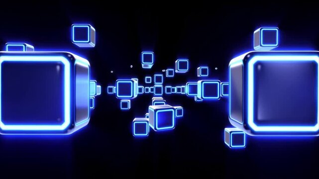 Glowing blue neon cubes float and rotate against a deep black background in a seamless futuristic animation.