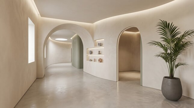 Modern Neutral Interior with Sculptural Arches and Decorative Plants