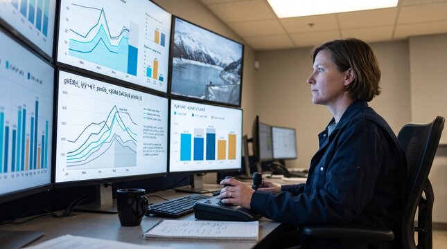 Glacier fed reservoir monitoring, female manager reviewing abstract inflow data, modern control room portrait, horizontal screens and copy space for utility reports