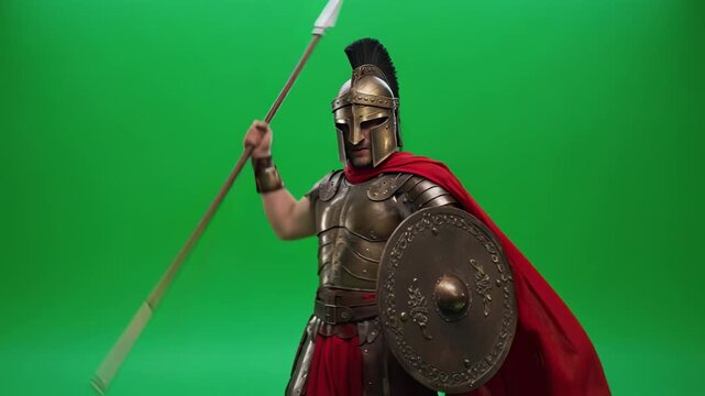 Ancient Greek warrior in armor holding spear and shield during a cinematic slow-motion turn