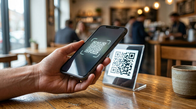 Customer scanning QR code on smartphone at cafe table, cashless payment concept