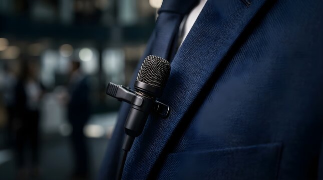 Lavalier microphone attached to a blue suit jacket in an office setting