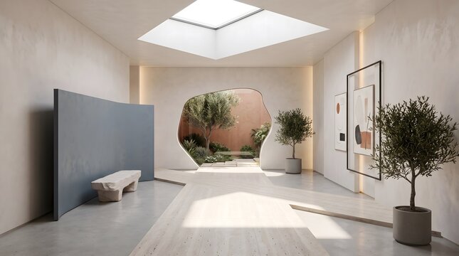 Bright Minimalist Interior with Skylight, Indoor Plants and Sculptural Decor