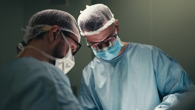 Focused surgeons during a surgical procedure in a contemporary operating room. Concept surgical expertise, medical teamwork, advanced healthcare and precision treatment.