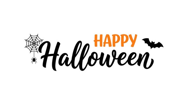 Decorative happy halloween greeting card design featuring elegant black script lettering and spooky holiday icons