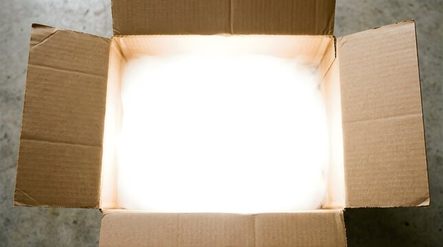 Open cardboard box with glowing bright white light inside on floor
