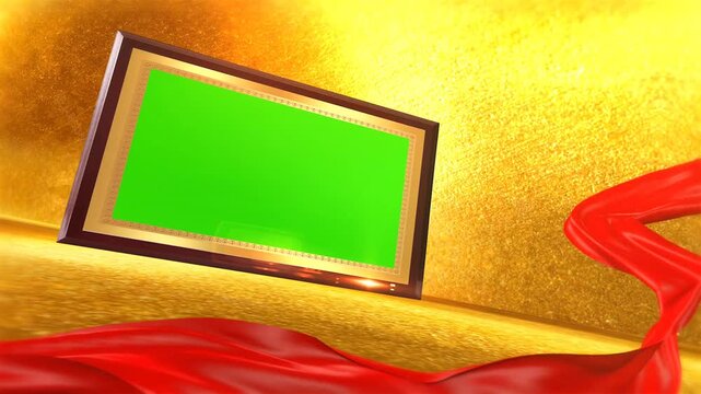 Luxury Gold Photo Frame Mockup with Green Screen Chroma Key Center and Floating Red Satin Ribbon Motion Background