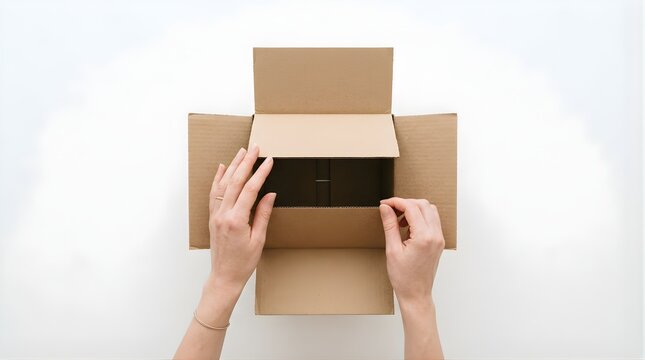 Open cardboard delivery box held by hands on a white background top view